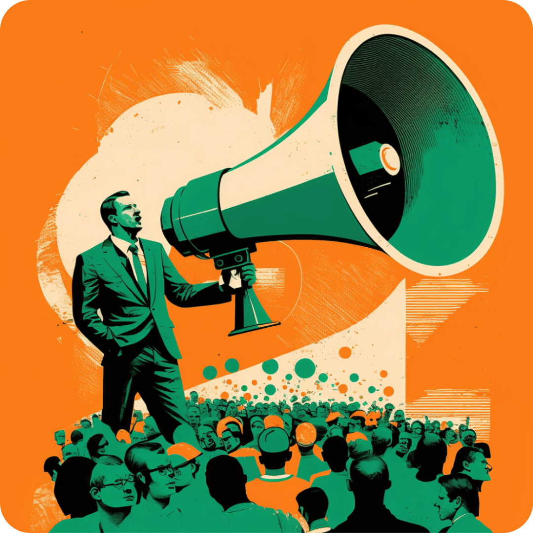 Een man in pak staat op een platform met een grote megafoon en spreekt een menigte jongeren toe tegen een oranje achtergrond met abstracte vormen.