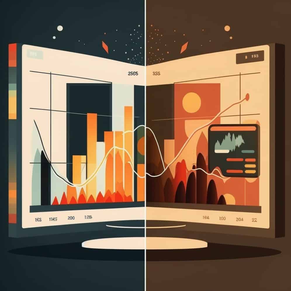 Gesplitste illustratie met twee gestileerde datadashboards met grafieken en diagrammen - de ene kant in lichtere kleuren, de andere in donkere tinten - die een kant-en-klare oplossing voor naadloze datavisualisatie laat zien.