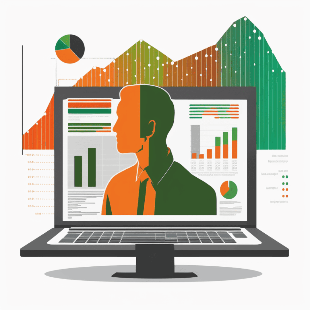 Een laptop toont grafieken en diagrammen met bedrijfsanalyses, met een silhouet van een professioneel persoon op het scherm. Lijn- en staafdiagrammen op de achtergrond benadrukken Youthcommerce trends en inzichten in gegevens.