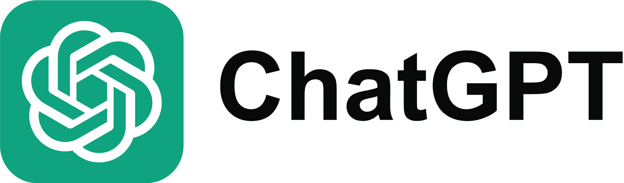 ChatGPT-logo met een wit geometrisch knoopontwerp op een groene vierkante achtergrond, met de tekst "ChatGPT" in vette zwarte letters aan de rechterkant.