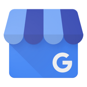 Google My Business-logo met een blauwe winkelpui met een gestreepte luifel en een witte "G" in de rechterbenedenhoek, perfect voor YouthCommerce branding.