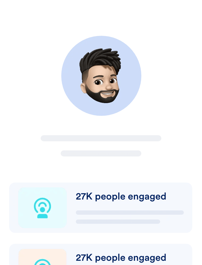Een geïllustreerde avatar met donker haar en baard wordt getoond boven twee blauwe vakken met de tekst "27K people engaged" met pictogrammen en horizontale lijnen.