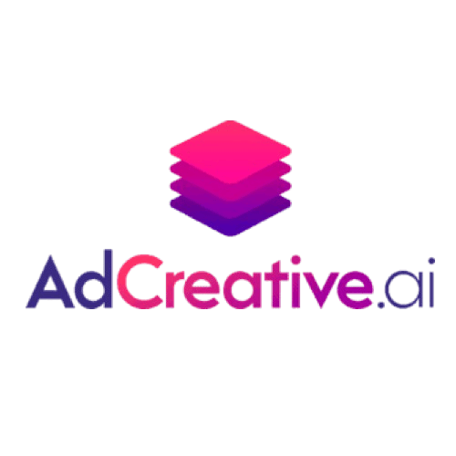 Het logo van AdCreative.ai toont de merknaam in een paars en roze lettertype met een gestapelde zeshoek met drie lagen boven de tekst.