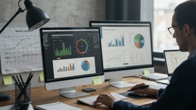 Persoon werkt aan een bureau met drie monitoren waarop grafieken, diagrammen en bedrijfsrapporten worden weergegeven; afgedrukte diagrammen en plakbriefjes zijn zichtbaar in de werkruimte.