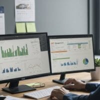 Een persoon zit aan een bureau met twee monitoren waarop dashboards en grafieken voor gegevensanalyse worden weergegeven in een kantooromgeving.