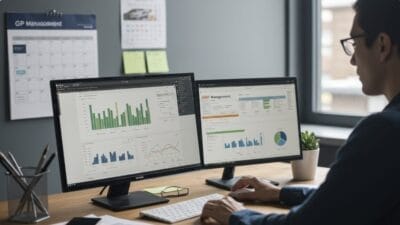 Een persoon zit aan een bureau met twee monitoren waarop dashboards en grafieken voor gegevensanalyse worden weergegeven in een kantooromgeving.