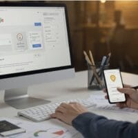 Persoon die een smartphone gebruikt terwijl hij achter een bureau zit met een computer waarop Google My Business wordt weergegeven op het scherm, samen met een toetsenbord, muis, notitieblok en schrijfgerei.