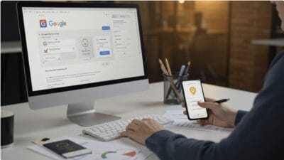 Persoon die een smartphone gebruikt terwijl hij achter een bureau zit met een computer waarop Google My Business wordt weergegeven op het scherm, samen met een toetsenbord, muis, notitieblok en schrijfgerei.