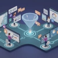 Illustratie van mensen die aan computers werken rond een centrale digitale trechter, als symbool voor gegevensanalyse, integratie en informatiestroom in een verbonden werkruimte.