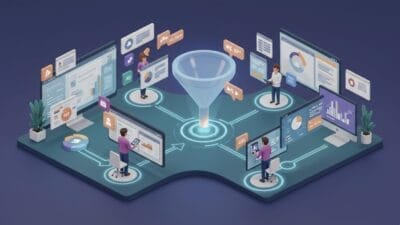 Illustratie van mensen die aan computers werken rond een centrale digitale trechter, als symbool voor gegevensanalyse, integratie en informatiestroom in een verbonden werkruimte.