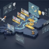 Drie zakenmensen staan rond een digitale 3D-kaart met grafieken, diagrammen en profielinterfaces die de gegevensanalyse en informatiestroom illustreren.