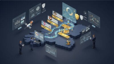 Drie zakenmensen staan rond een digitale 3D-kaart met grafieken, diagrammen en profielinterfaces die de gegevensanalyse en informatiestroom illustreren.