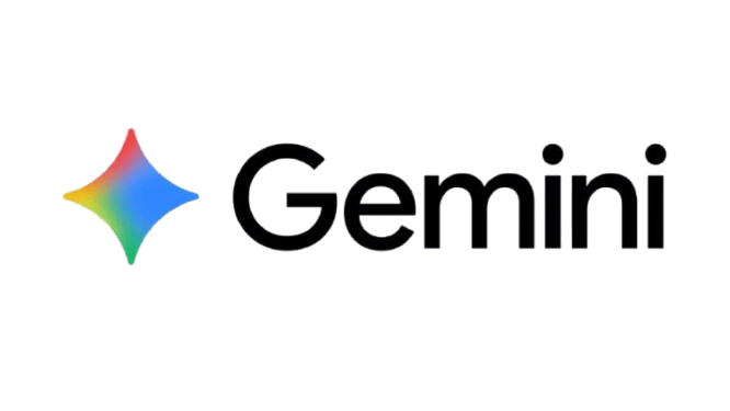 De afbeelding toont het Google Gemini-logo, met een vierpuntige ster met een kleurverloop van blauw, groen, geel en rood naast het woord "Gemini" in zwarte tekst.