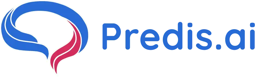 Predis.ai logo met een gestileerde blauwe en roze tekstballon naast de tekst "Predis.ai" in blauw.