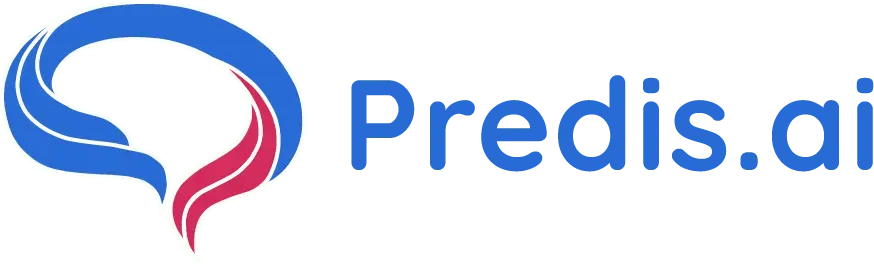Predis.ai logo met een gestileerde blauwe en roze tekstballon naast de tekst "Predis.ai" in blauw.